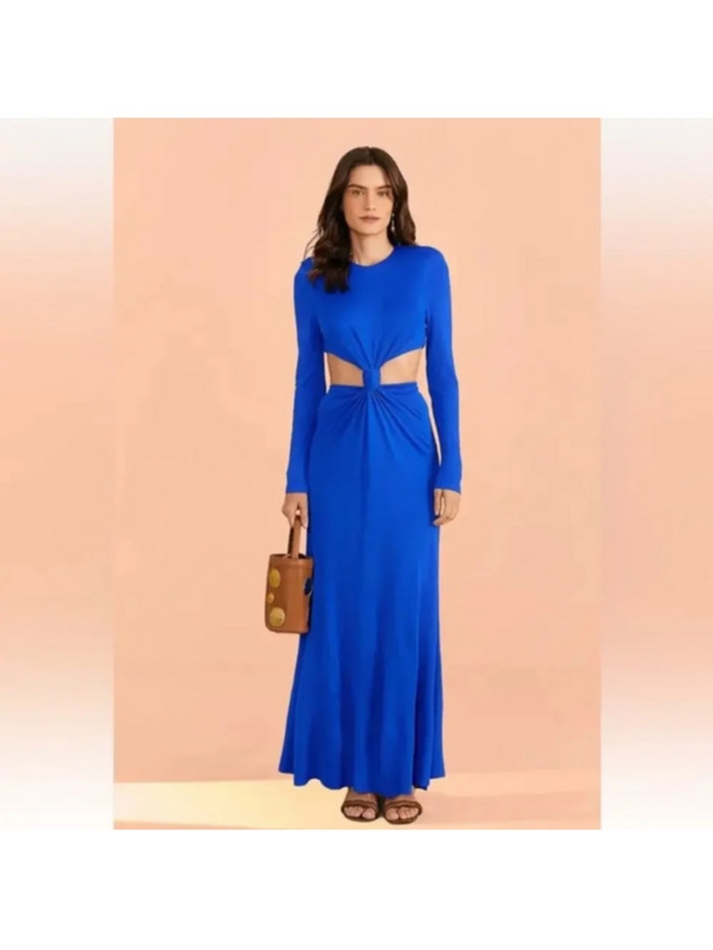 Farm Rio Long Sleeve Knot Front Cutout Maxi Dress in Royal Blue $258 small